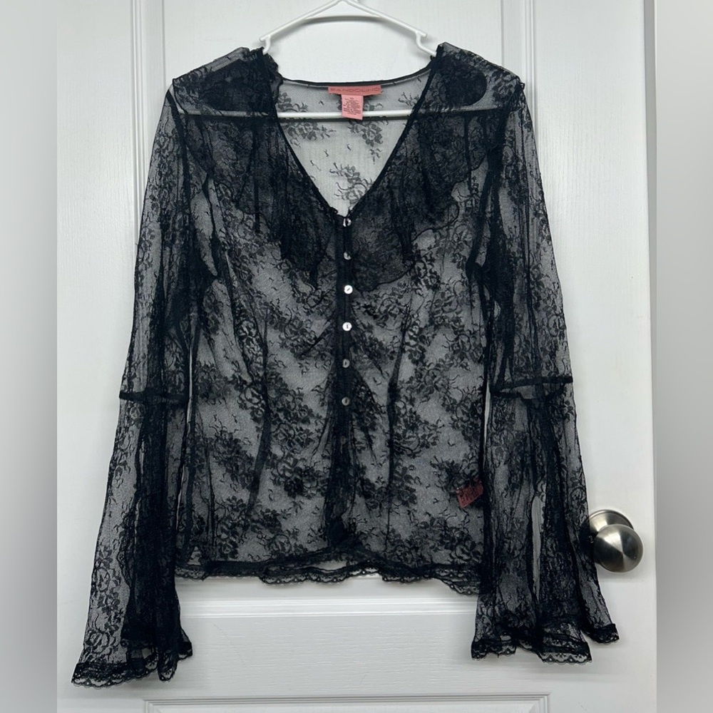 VTG Bandolino Black Sheer Lace Button Top Bellsleeve Y2K Goth Steampunk Sz 10